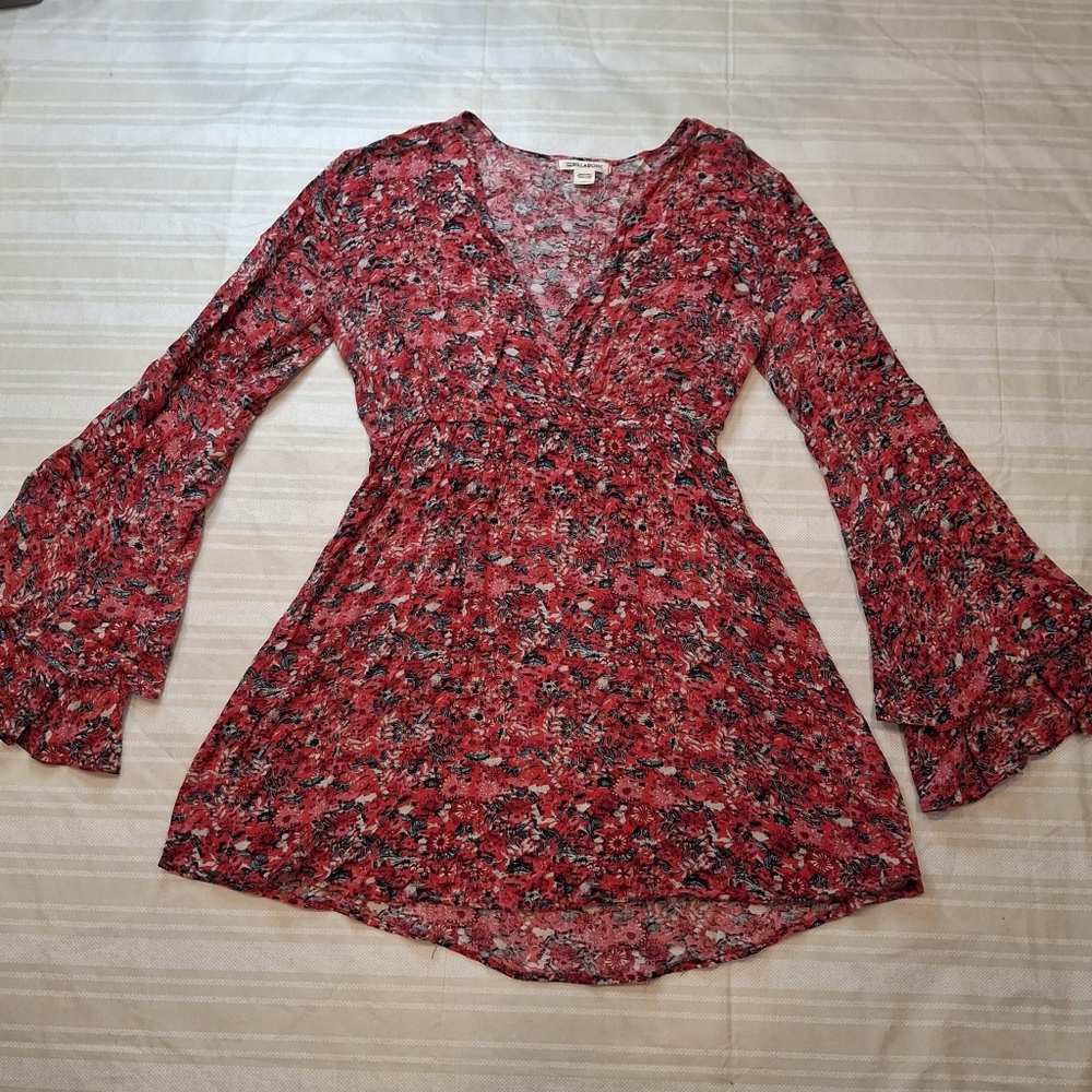BILLABONG Skater Mini Dress Top Floral Bell Sleeves Boho Beach  Fairy Y2K Sz M